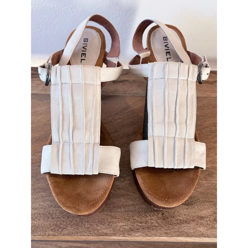 Biviel Italian Cream Leather Pleated Platform Block Heel Slingback‎ Sandals 39